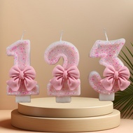 Number Pink Candle Cute Pink Bow 3D Number Cake Candles  0-9 for Birthday Party Decorations Birthday