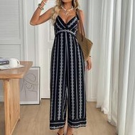Women's Casual Boho Lace Trim Jumpsuit,Sleeveless Strap Romper For Summer Beach Vacation Holiday,Bla