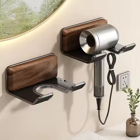 Walnut Wood Hair Dryer Holder Self Adhesive Bathroom Wall Mount Storage Rack No Drill Blow Dryer Sta