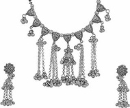 Indian Antique Afghani Silver Oxidized Ghungroo Boho Gypsy Tribal Statement Tassel Chain Choker Thread Necklace Jewelry Set, Choker, Metal, No Gemstone