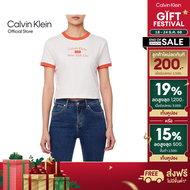 CALVIN KLEIN เสื้อยืดคอกลมแขนสั้นผู้หญิง Ringer T-shirt ทรง Baby tee รุ่น 47B808G RN6 - สีขาว-ส้ม