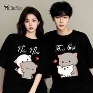 Couple shirt, unisex short-sleevedbag mochi cat rooftop, cute house pole Mr.Buffalo T76T77