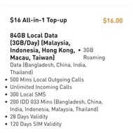 M1 Prepaid $16 All-In-1 Plan – 84GB Multi-Country Data, 3GB Roaming & 200 IDD Mins Recharge (28 Days