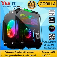 GORILLA KING KONG Full ATX Gaming PC Desktop Casing (Tempered Glass 4 Panel) with PRE-INSTALLED 2 200mm GREEN / RGB FAN