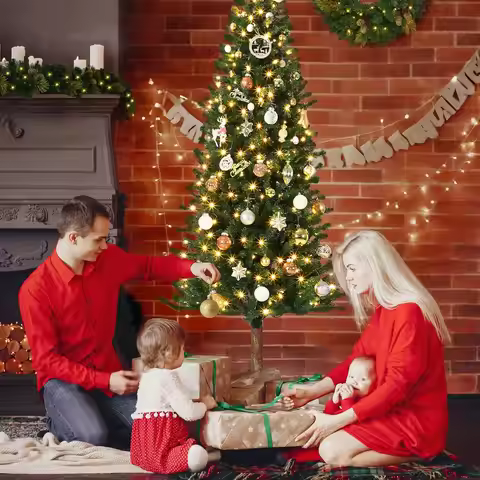 6FT/7.5FT Christmas Tree Artificial Prelit Slim Pencil Tree With Warm White Lights Metal Stand Easy 