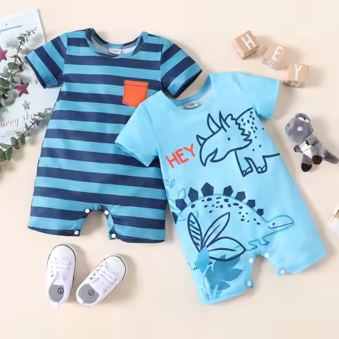 PatPat Baby Boy Stripe/Dinosaur Print Short-sleeve Romper