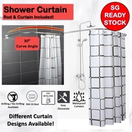 [SG Ready Stock] Shower Curtain &amp; Curve Rod | Corner 30Deg Rod | Drilling &amp; Non Drilling | Waterproof Bathroom Toilet