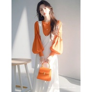 Korean Celebrity-Classy Orange Two-Piece Spring Outfit | Stylish 2025