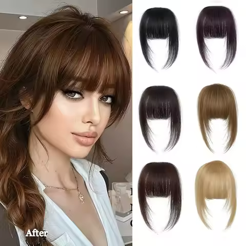 100% Human Hair Bangs Natural Brown Wispy Bang Hair Clip in Bangs Fringe with Temples Hairpiece for 