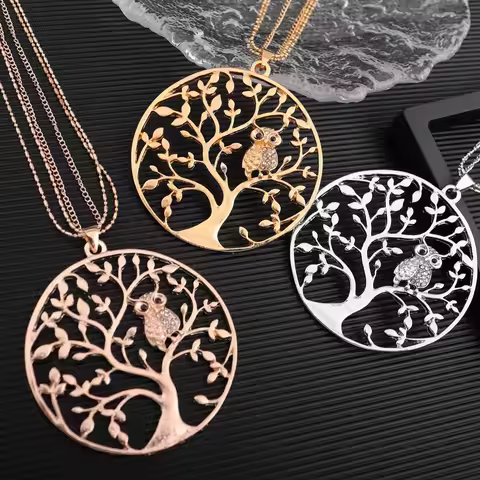 3 Colors Exquisite Round Hollow Tree of Life Pendant Set for Women Girl Exquisite Rhinestone Inlaid 