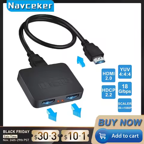 Navceker HDMI Splitter 1x2 1080P 4K HDMI Splitter 1 in 2 out 2 Port HDMI Amplifier HDMI Cable Splitt
