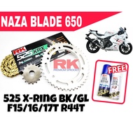 RK SPROCKET SET NAZA BLADE 650 RKX X-Ring RIVET BLACK / GOLD CHAIN F15T/16T/17T R50T FOC CHAIN CLEANER LUBE