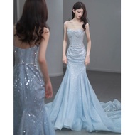 Blue French Sling Bridal Toast Fishtail Evening Dress