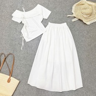 SET Áo Váy Bigsize Nữ Áo Thun Trễ Vai Tà Nhọn Kèm Chân Váy Midi Dài Nhẹ Nhàng G213+CV15