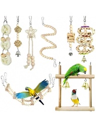 8入組自然色鸚鵡啃咬玩具,鳥玩具,梯形搖擺,軟梯子,木珠攀爬玩具套裝