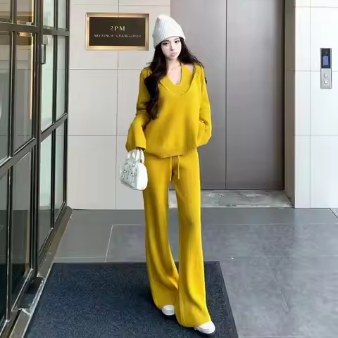 Autumn Casual Knitted Set 3-Piece Women's Halter Neck Vest+V-Neck Hooded Pullover Sweater+Wide Leg P