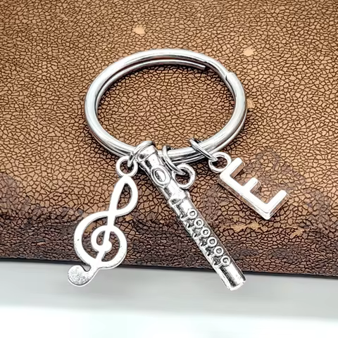 1Pc Music G Clef Keychains Initial A E J M Letter Charm Keyring Flute Pendant Keychain Mini Flute Ch