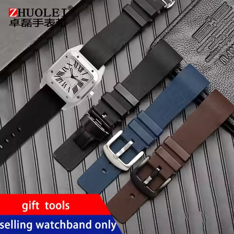 Watch Strap for Cartier Sandoz Santos 100 W20073X8 W20106X8 W2020008 Silicone Rubber Bracelet Men Wo