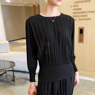 ▥❉♈ Aiden001 One Size Autumn And Spring Style Pleated Large Size Slim Waist Casual Long-Sleeved Top 