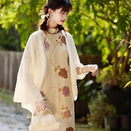 白色 溫柔蕾絲花邊針織披肩外套搭配旗袍 新中式中秋春節改良洋裝