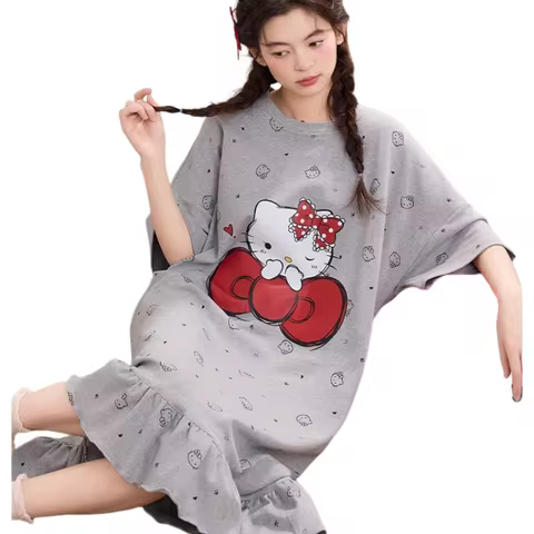 Hello Kitty Pajamas Dress Long Dresses Pyjamas Summer Sleepwear Short Sleeve Sleeping Skirt Kawaii C