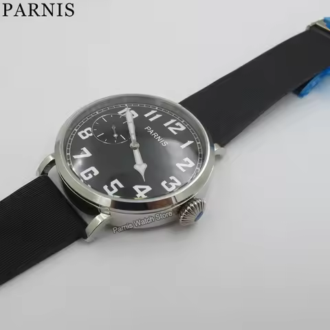 Parnis 46mm Hand Winding Movement Men Wristwatch Stainless Steel Case Rubber Strap