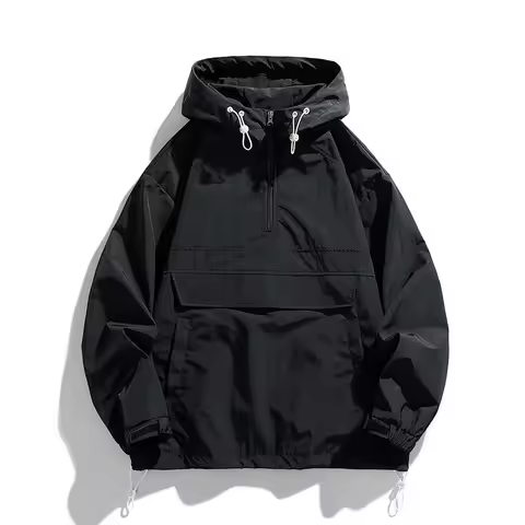 Spring Autumn Mens Anorak Jacket Fashion Man Half Zip Streetwear Hip Hop Hooded Coats Men Windbreake