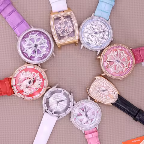 Luxury Davena Spin Snow Flower Women's Watch Japan Mov't Crystal Lady Hours Fine Fashion Real Leathe