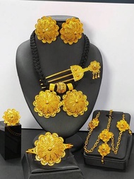 女士黃金鍍層黑色繩墜墜頸鍊、手鍊、戒指、髮飾6件套裝,適用於婚禮、聚會、豪華飾品