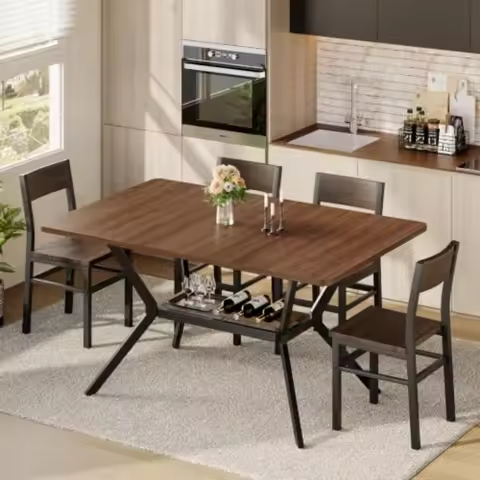 55 inch Dining Table for 4-6, Rectangle Kitchen Table with Storage Shelf, Space Saving Modern Farmho