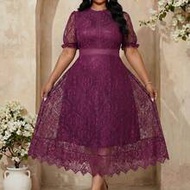 Plus Size Women's White Lace Midi Dress, Elegant Short Sleeve Summer Dress Formal Dress For Women We