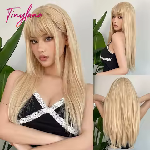 Blonde Platinum Golden Synthetic Wigs With Bang Straight Long Natural Hair Wig for Women Hime Cut Co
