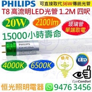 PHILIPS 飛利浦 Ecofit（單端）T8 高流明 4000K 中性 / 6500K 白光 20W LED 光管 2100流明 1.2M 四呎 15000小時壽命 香港行貨 保用一年