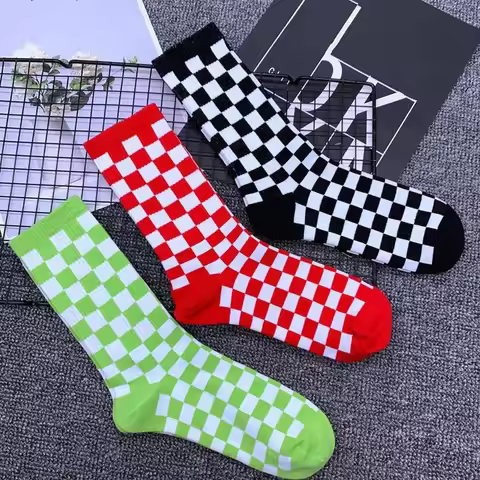 Korea Funky Harajuku Trend Women Checkerboard Geometric Checkered Socks Men Hip Hop Cotton Unisex St