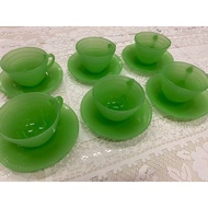 Green glass cup 6 pcs ,cup 9cm dia x 7cm H x plate 15cm dia