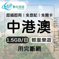 【數位旅遊】 中港澳上網卡3天．每日1.5GB｜中國、香港、澳門
