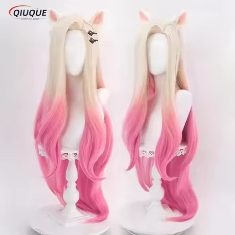 LOL KDA Baddest Ahri Cosplay Wig with Ears Heat Resistant Synthetic Hair Blonde Mixed Pink Wigs + Wi
