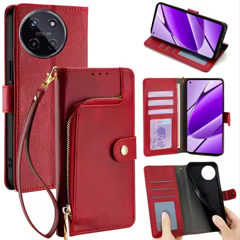 Business Zipper Wallet Cover for Realme 12 11 10 9 8 7 Pro Plus 11X 8i 8S 7i Leather Flip Phone Case