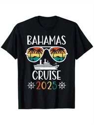 Bahamas Cruise 2025 Vacation-Themed Black Cotton T-Shirt For Men Big & Tall Sizes Short Sleeve Round