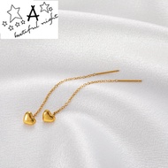 18k saudi gold pawnable legit dangling earrings for women Personality Long Single Needle Love Temperament Simple Versatile Earring Wire Titanium Steel Peach Heart Ear Chain Cross-border European and American Style