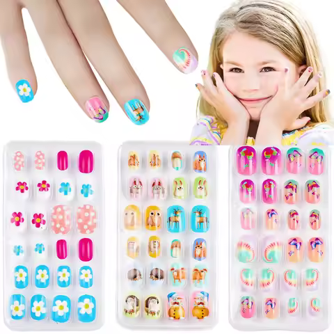 Children Press on Nails,24 Pcs Fake Nails Tips for Kids Acrylic Nails Pre-glue Full Cover Short Fals