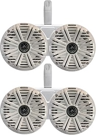 2 Pair (Qty 4) of Kicker 6.5" 2-Way 195 Watts Max Power Coaxial Marine Audio Speakers with White Salt Water Grilles, 6.5" Marine Tower Dual Speaker Enclosures (Pair) - White