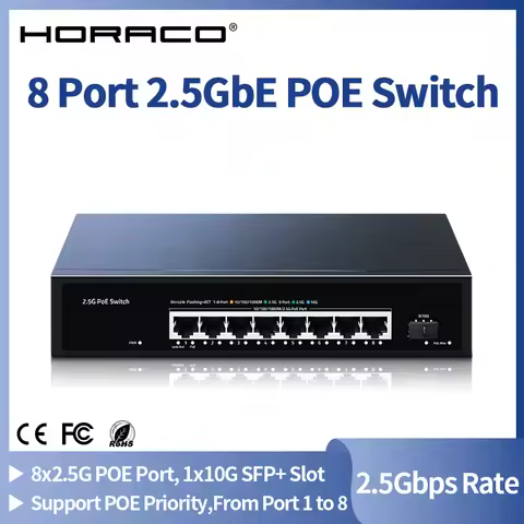 HORACO 2.5G PoE Switch 8 Port 2.5GBASE-T 10G SFP+ Slot 100W IEEE802.3af/at for WiFi 6e AP,VoIP Phone