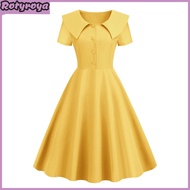 Retro Women Dress Turn-down Collar Shortn Sleeves A-line Big Swing Buttons Slim Fit Solid Color 50s 