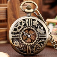 Bronze Unisex Skeleton Handwind Mechanical Pocket Watch Roman Number FOB Chain