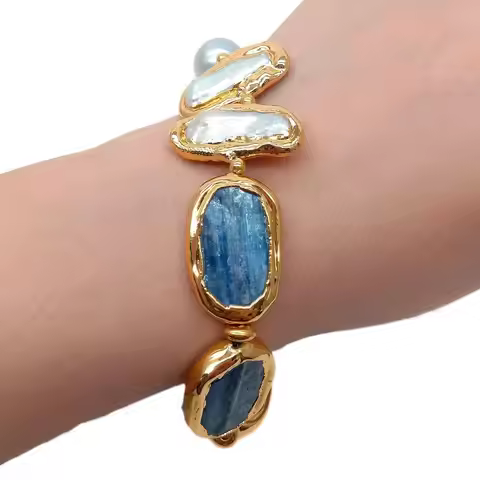 YYGEM Gold Filled Blue Kyanite Rectangle Cultured White Biwa Pearl Gray Rice freshwater Pearl Bracel