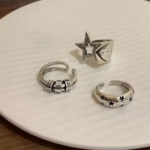Retro Punk Geometric Pentagram Star Ring For Men Women Y2K Egirls Gothic Couple Adjustable Finger Ri