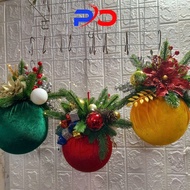 Christmas hanging velvet bauble, smooth velvet-wrapped bauble with flowers, leaves, branches, emulsi