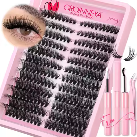 GROINNEYA Lashes Clusters Kit Cat Eye Lashes Individual Eyelashes With ​​Lash Bond & Seal Full Set L