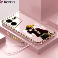 เคส Jizetin สำหรับ Tecno Pova 5ฟรีสายคล้อง + การ์ตูนอนิเมะลายขอบสี่เหลี่ยมลูฟี่ชุบเคสโทรศัพท์เคสโทรศัพท์นิ่มสุดหรู